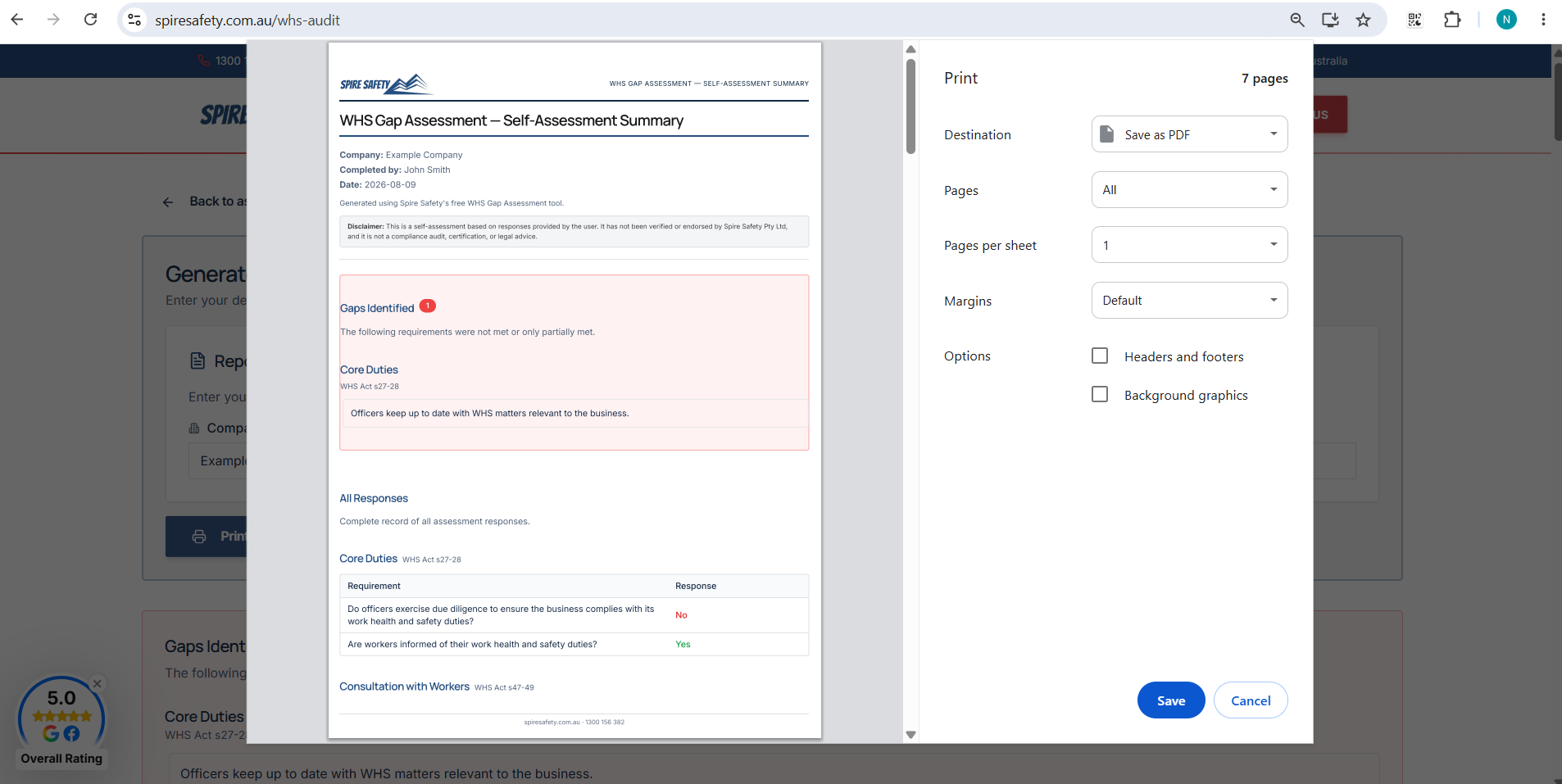 WHS audit report preview — Spire Safety branded self-assessment summary showing gaps identified and all responses, being saved as a 7-page PDF
