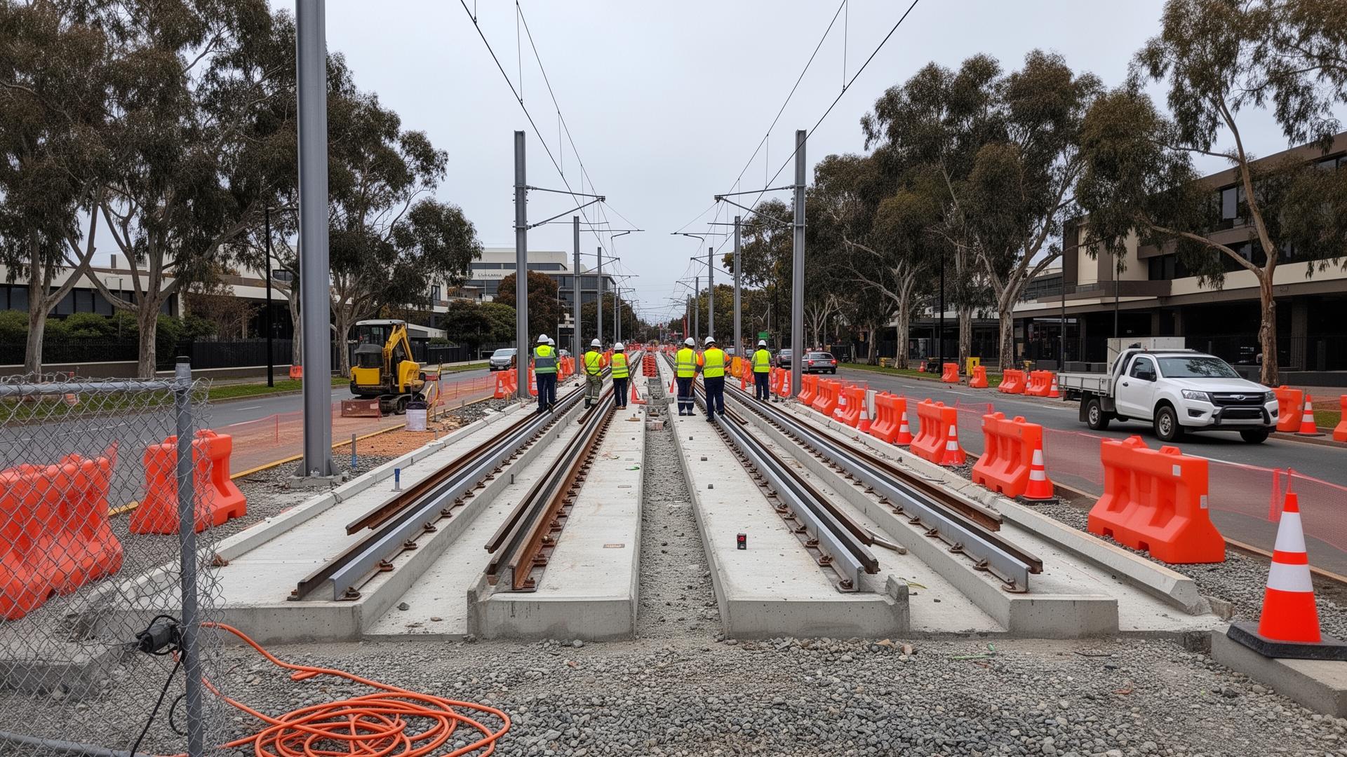 Canberra light-rail construction along Northbourne Avenue — workers installing overhead catenary masts beside new tram rails set in concrete — Spire Safety WHS consultants ACT