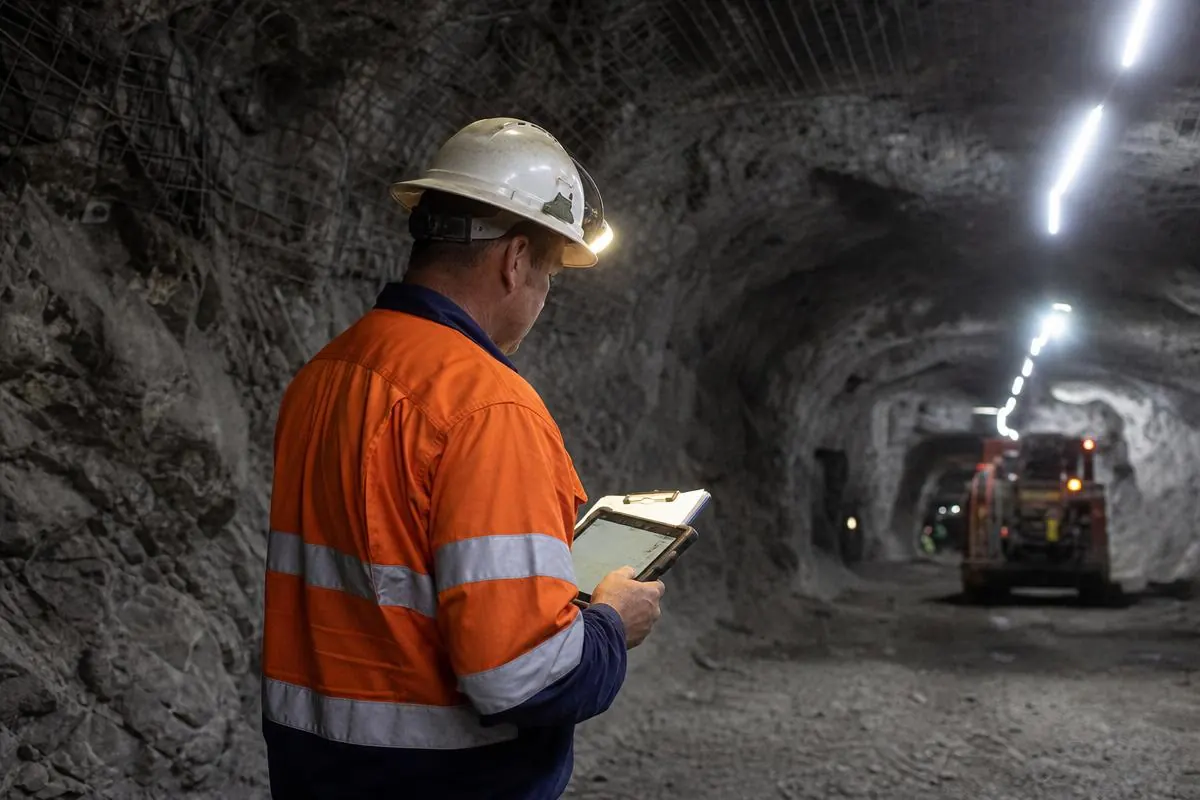 Underground mine supervisor reviewing a Mine Safety Management System inspection checklist