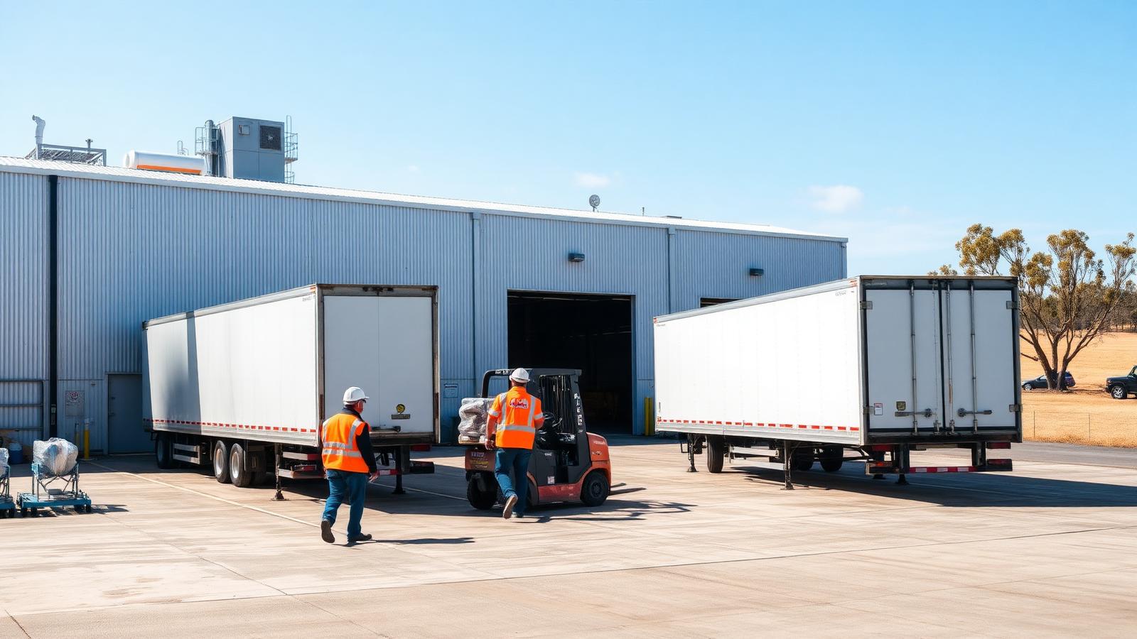 Food and beverage manufacturing plant loading dock on an Albury industrial estate, NSW — two white refrigerated semi-trailers backed into chilled docks, a forklift carrying a shrink-wrapped pallet across the concrete apron and two workers in orange hi-vis and hard hats walking toward a dock door, with dry Riverina paddocks and gum trees behind — Spire Safety WHS consultants Albury