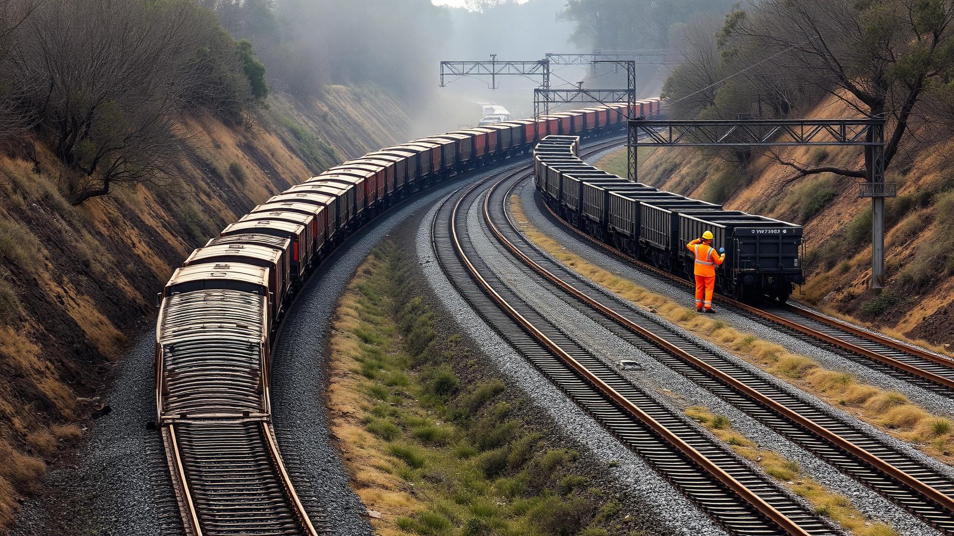 Loaded coal wagons on the Hunter Valley coal chain rail line near Newcastle NSW — parallel heavy-haul tracks curving through a cutting, overhead signal gantries and a hi-vis track worker beside a rake of dark wagons — Spire Safety WHS consultants Newcastle
