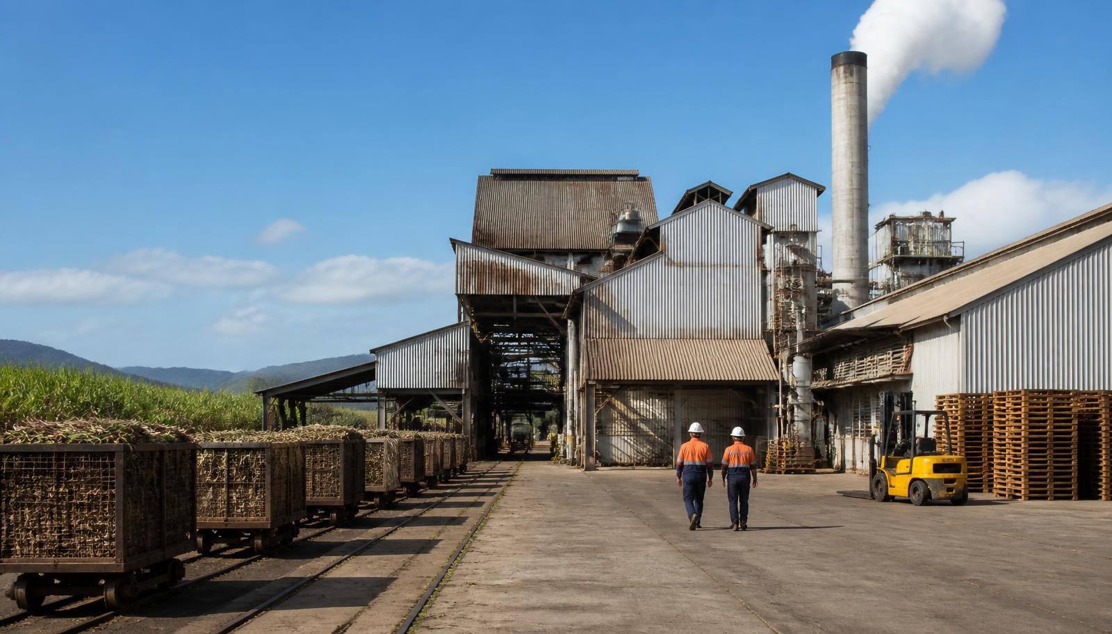 Sugar mill and cane rail siding at Bundaberg, Queensland — loaded cane bins on a narrow-gauge tramline beside weathered corrugated-steel mill buildings with a steaming stack, stacked timber pallets and a yellow forklift on the concrete apron and two workers in orange hi-vis and white hard hats walking past — Spire Safety WHS consultants Bundaberg