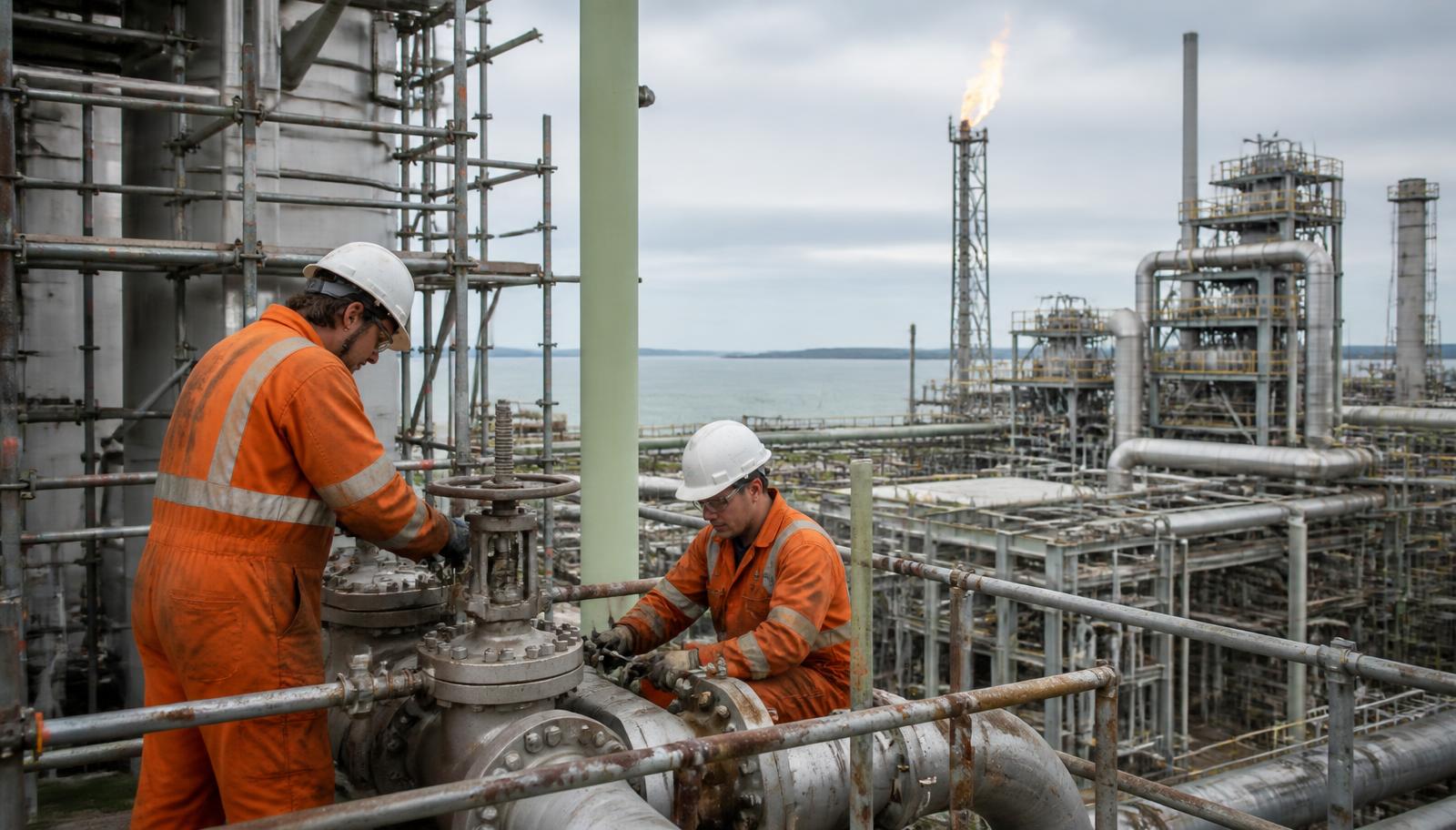 Process plant maintenance at Gladstone, Queensland — two maintenance workers in orange hi-vis coveralls and hard hats working on an isolated valve station beside scaffolding, with refinery pipework, vessels and a flare stack behind them over the harbour — Spire Safety WHS consultants Gladstone