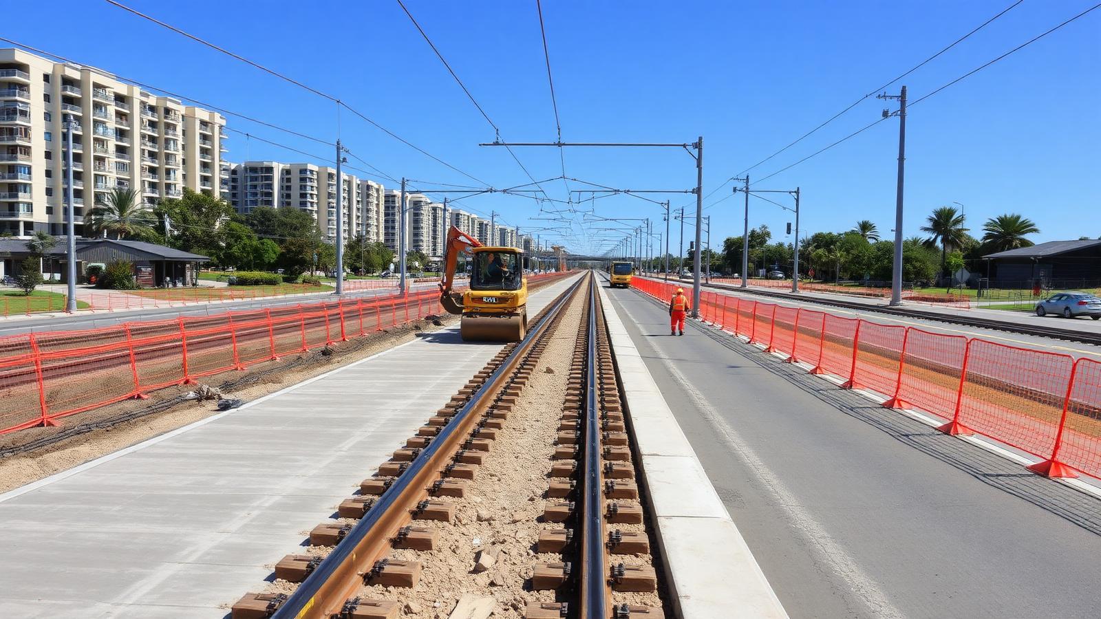 Gold Coast Light Rail extension construction along an inland arterial — new tram tracks in fresh concrete, overhead catenary masts and hi-vis workers on the trackbed — Spire Safety WHS consultants Gold Coast