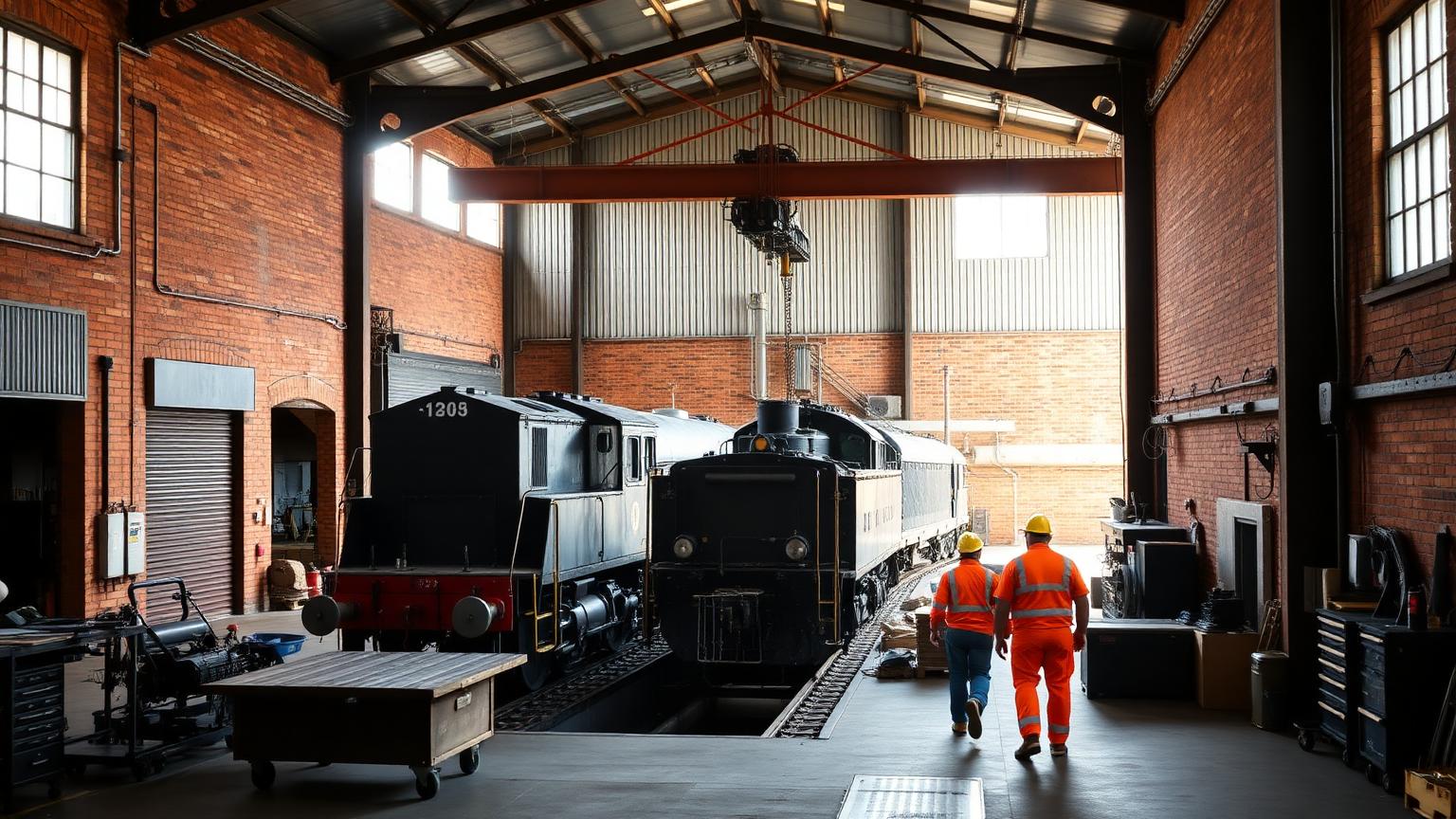 Rail maintenance workshop at Ipswich, Queensland — a locomotive and freight wagon standing over an inspection pit inside a red-brick and corrugated-steel shed, overhead gantry crane, tool trolleys and two workers in orange hi-vis and hard hats crossing the workshop floor — Spire Safety WHS consultants Ipswich