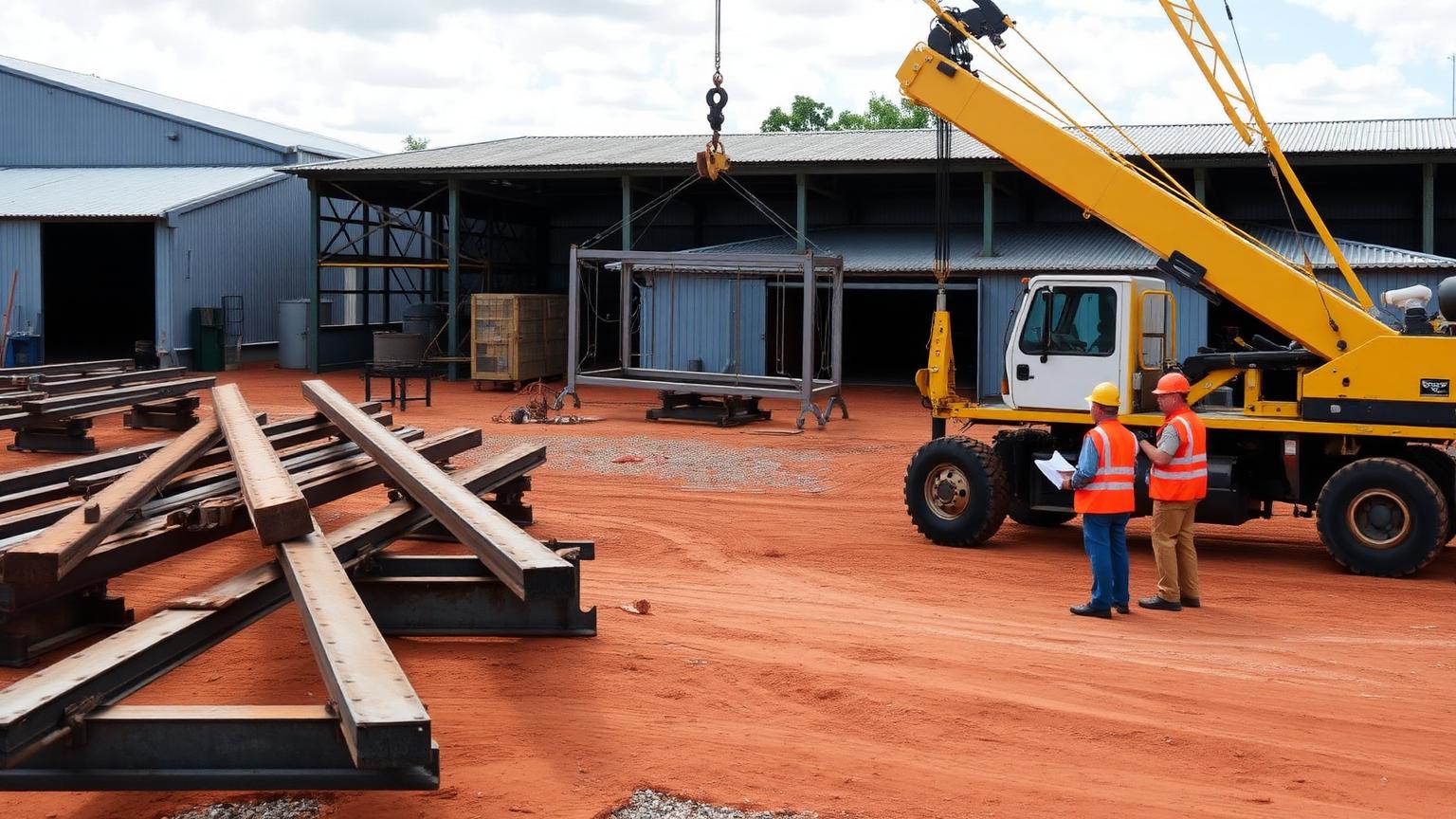 Heavy engineering fabrication yard at Rockhampton, Queensland — steel beams and plate stacked on stands under a gantry crane, a mobile crane lifting a fabricated frame and workers in orange hi-vis and hard hats on the hardstand — Spire Safety WHS consultants Rockhampton