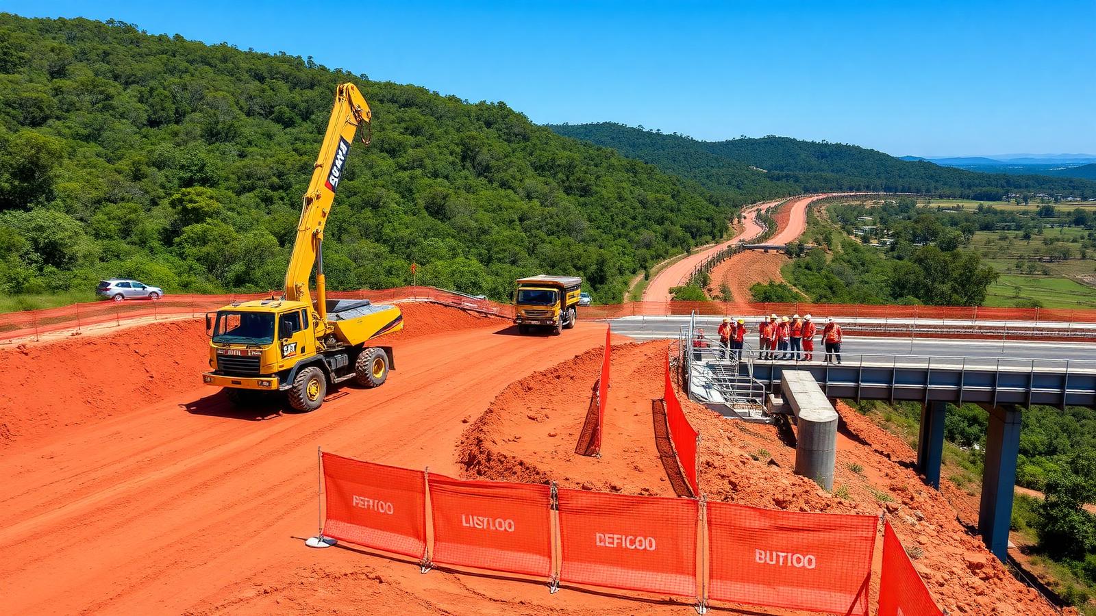 Sunshine Coast hinterland highway upgrade — red-earth cutting through green hills with a yellow excavator, dump truck, hi-vis crew and a new concrete bridge under construction — Spire Safety WHS consultants Sunshine Coast