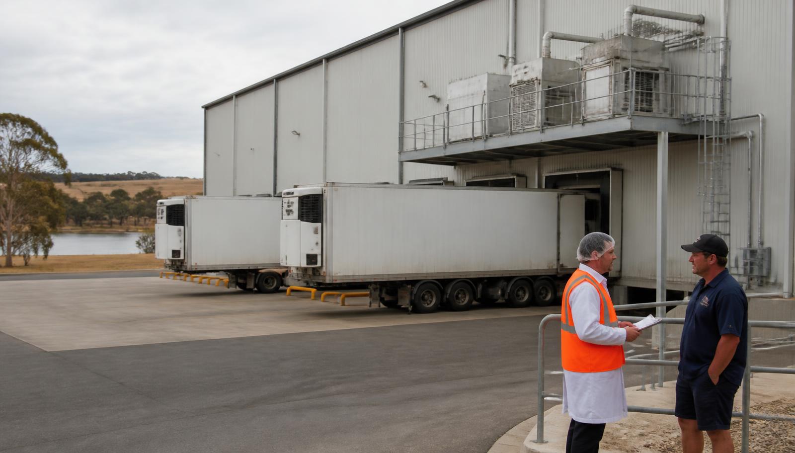 Food processing and cold storage facility at Murray Bridge, South Australia — insulated grey panel warehouse with refrigerated semi-trailers backed onto loading docks, refrigeration plant on an external mezzanine, and a worker in white hygiene coat, hairnet and orange hi-vis vest reviewing a clipboard with a truck driver, river red gums and the Murray River behind — Spire Safety WHS consultants Murray Bridge