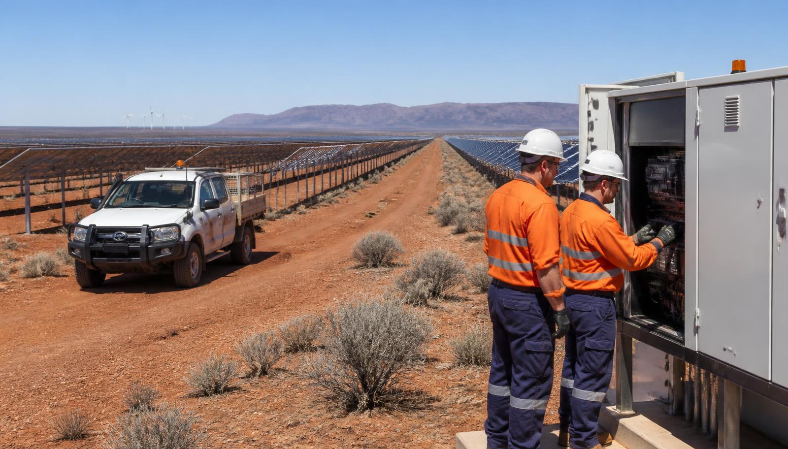 Utility-scale solar farm outside Port Augusta, South Australia — long rows of tracker panels across red-earth saltbush plain, a white service ute on the access track and two workers in orange hi-vis and hard hats inspecting an open inverter cabinet, with the Flinders Ranges and wind turbines on the horizon — Spire Safety WHS consultants Port Augusta