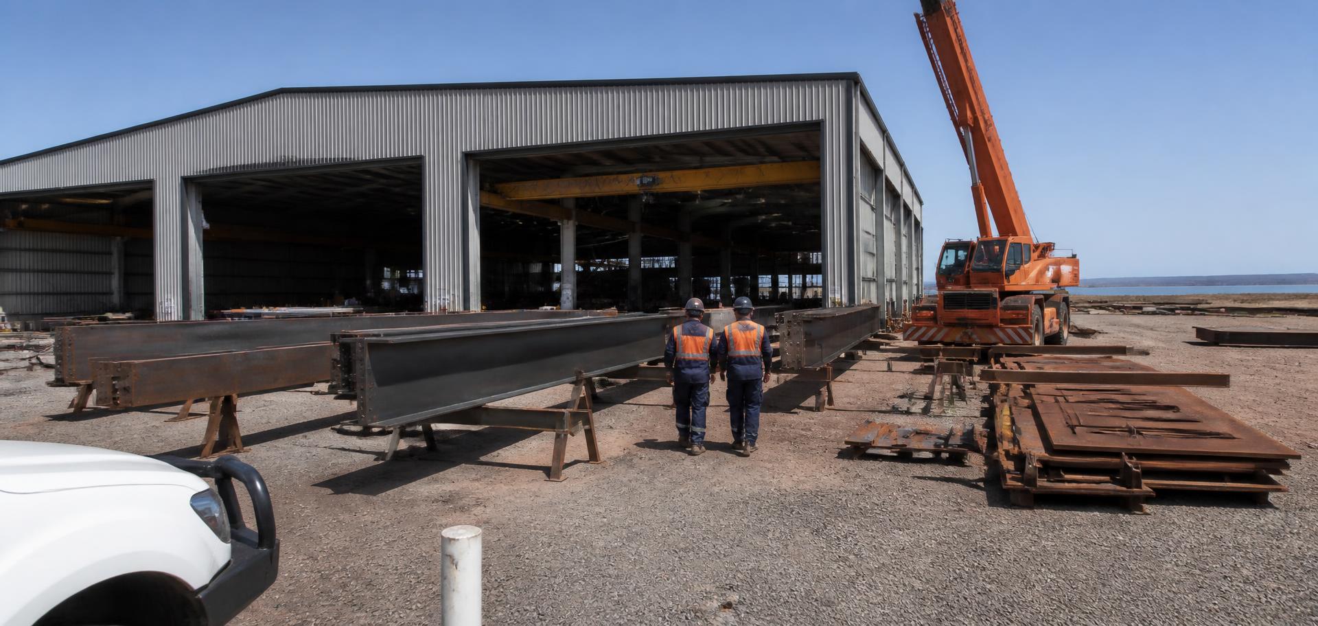 Heavy structural steel fabrication yard in Whyalla, South Australia — grey corrugated-steel workshop with roller doors open and an overhead gantry crane inside, large plate girders laid out on trestles in the gravel yard, stacked rusty steel plate, an orange mobile crane and two workers in navy overalls and orange hi-vis walking between the girders, with the flat Spencer Gulf horizon behind — Spire Safety WHS consultants Whyalla