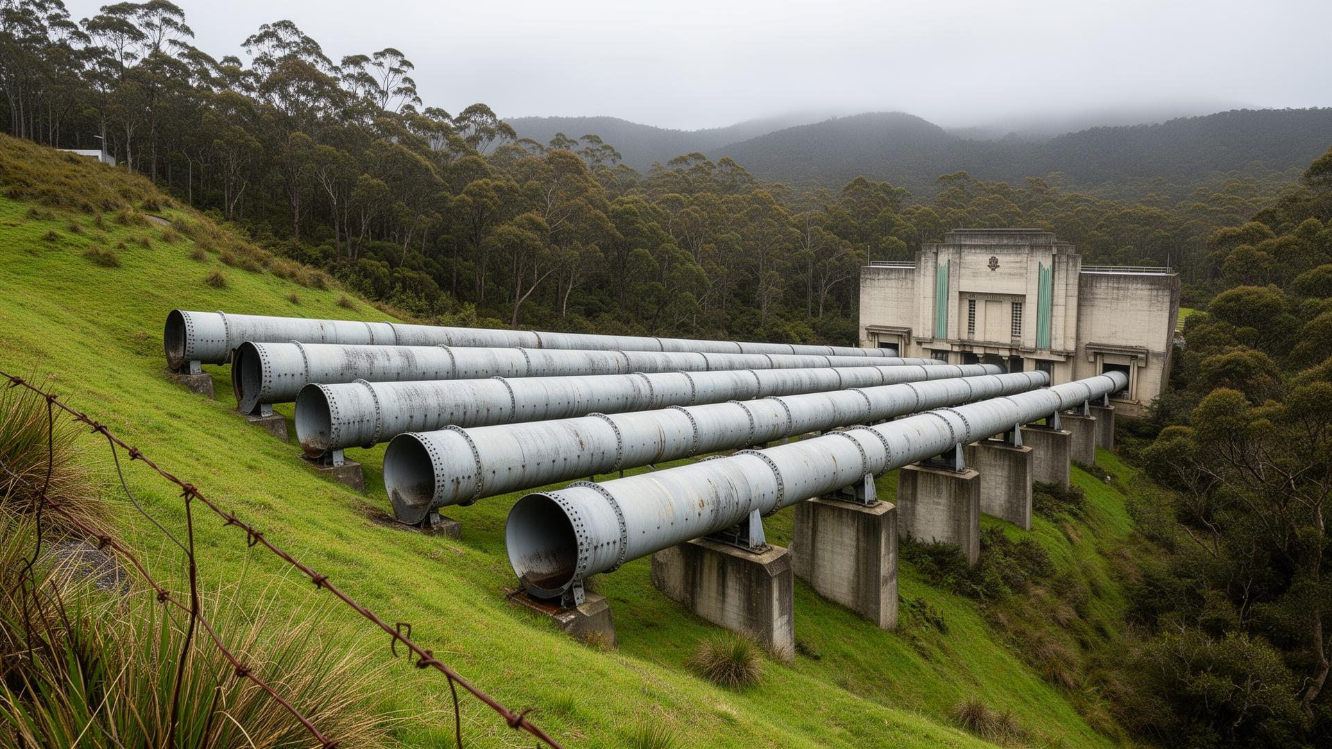 Riveted steel hydroelectric penstocks running down a green hillside to the art-deco Tarraleah Power Station in Tasmania's Central Highlands — Spire Safety WHS consultants Tasmania