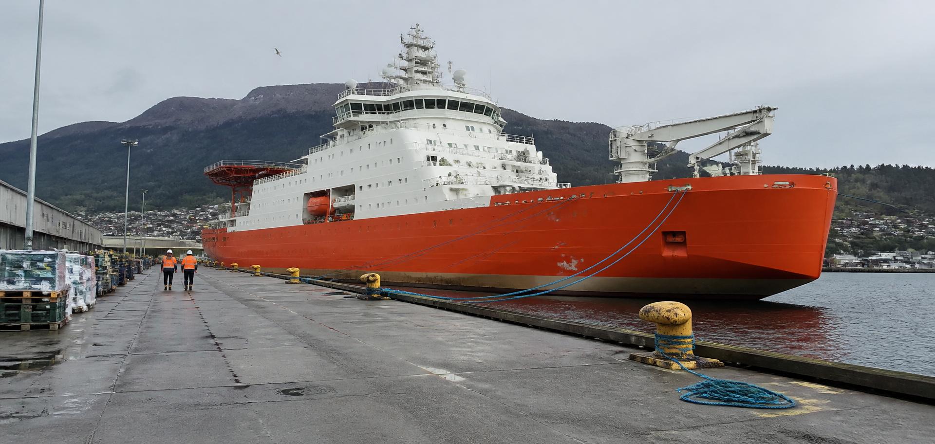 Bright orange Antarctic research and resupply icebreaker tied up alongside Macquarie Wharf in Hobart, with the green forested slopes of kunanyi/Mount Wellington behind — Spire Safety WHS consultants Hobart
