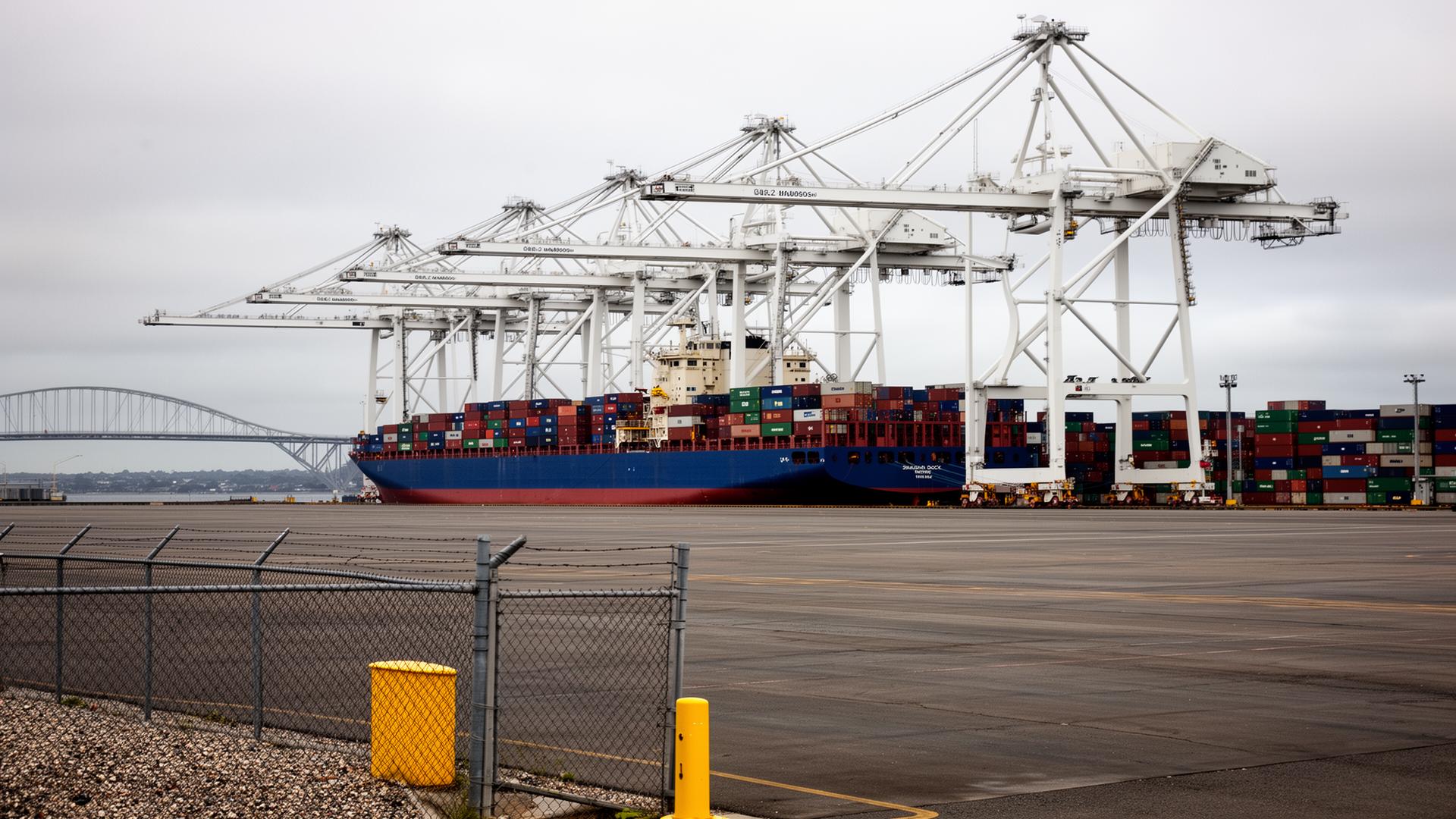Ship-to-shore container gantry cranes working over a container ship at Swanson Dock, Port of Melbourne, with the West Gate Bridge distant on the horizon — Spire Safety WHS consultants Victoria