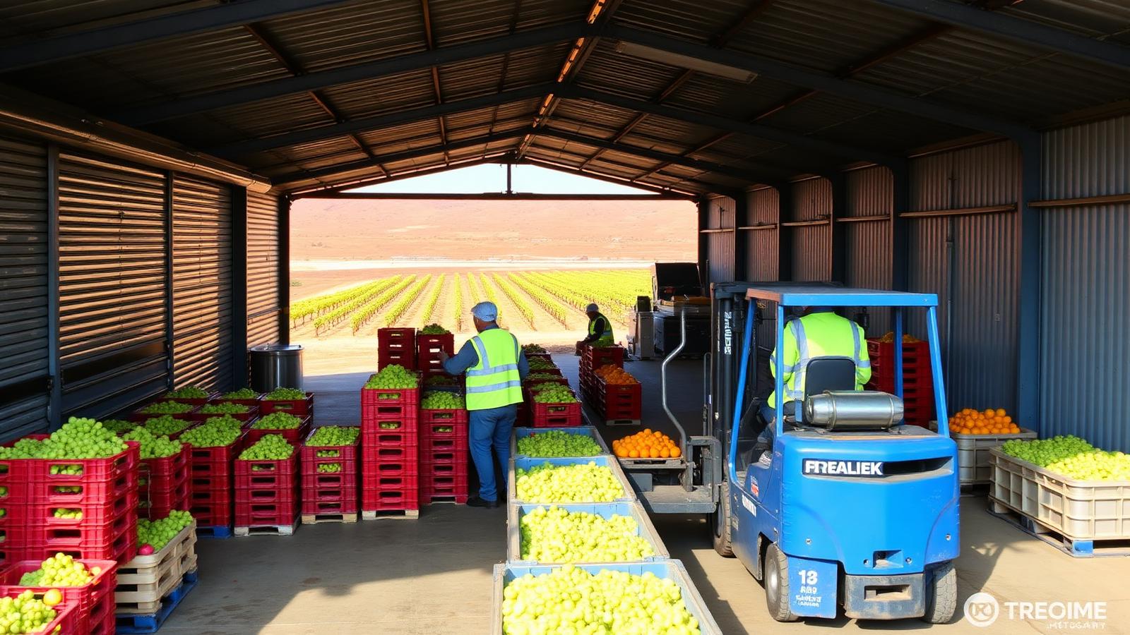 Table grape and citrus packing shed in Mildura, Sunraysia Victoria — long steel-clad shed with roller-shutter doors open showing a stainless-steel grading and packing line, red crates of green table grapes and navel oranges stacked on pallets, a blue forklift moving a pallet and two workers in hi-vis and hairnets at the sorting belt, irrigated vineyards and red Sunraysia earth visible outside — Spire Safety WHS consultants Mildura