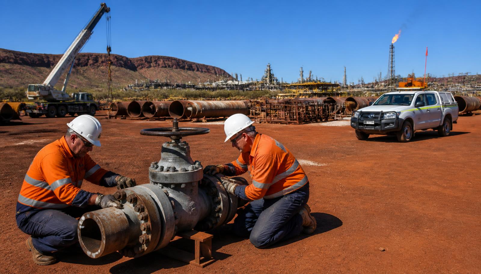 Heavy industrial laydown yard outside Karratha in the Pilbara, Western Australia — two workers in orange hi-vis, white hard hats and safety glasses inspecting an isolated valve on red dust hardstand, with steel pipe spools, a mobile crane, a white light vehicle and a gas processing plant and flare stack against red rock ranges behind — Spire Safety WHS consultants Karratha