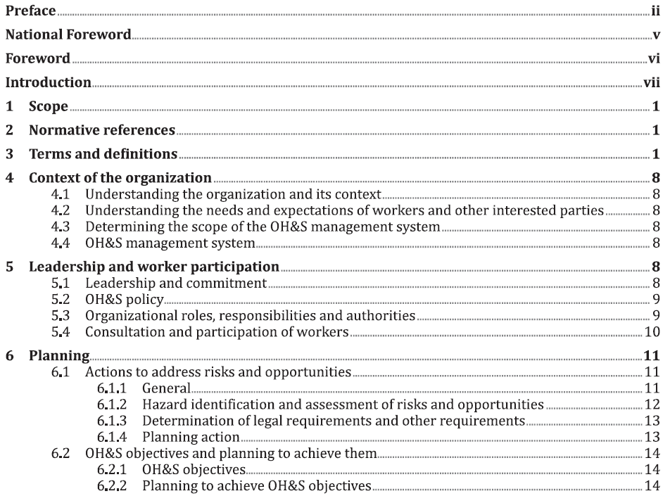 ISO45001 Table of Contents