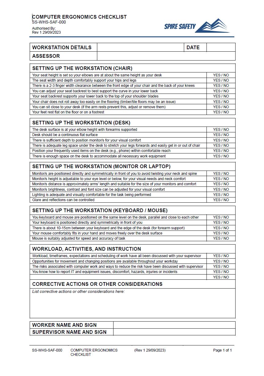 Free Computer Ergonomics Checklist Template Spire Safety Consultants   18 