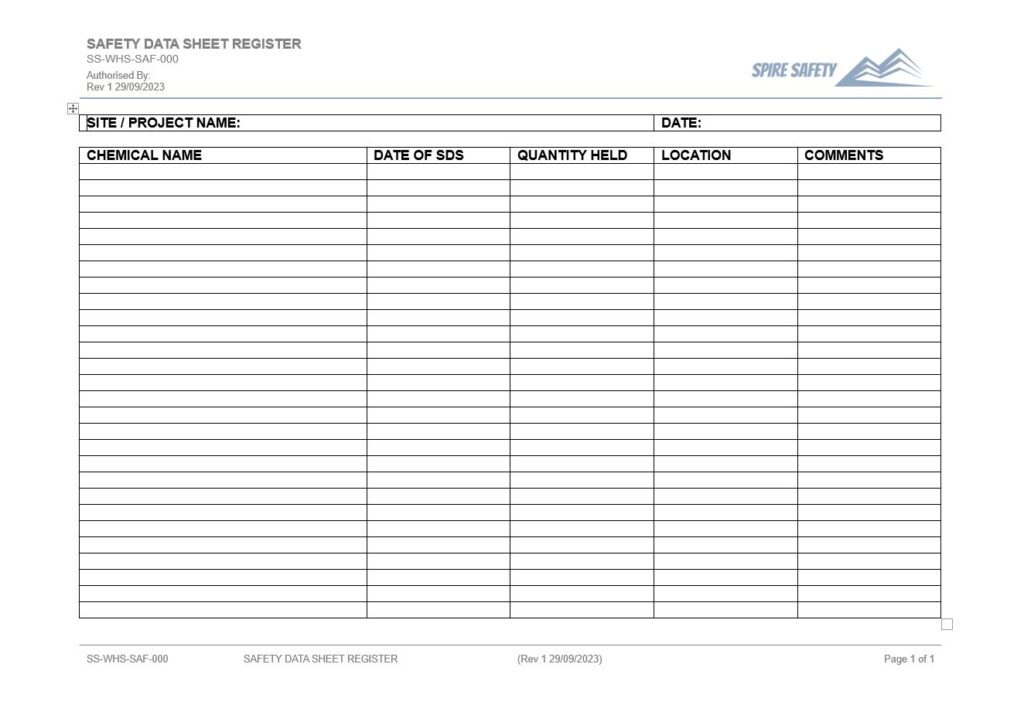 Safety Data Sheet Register Template
