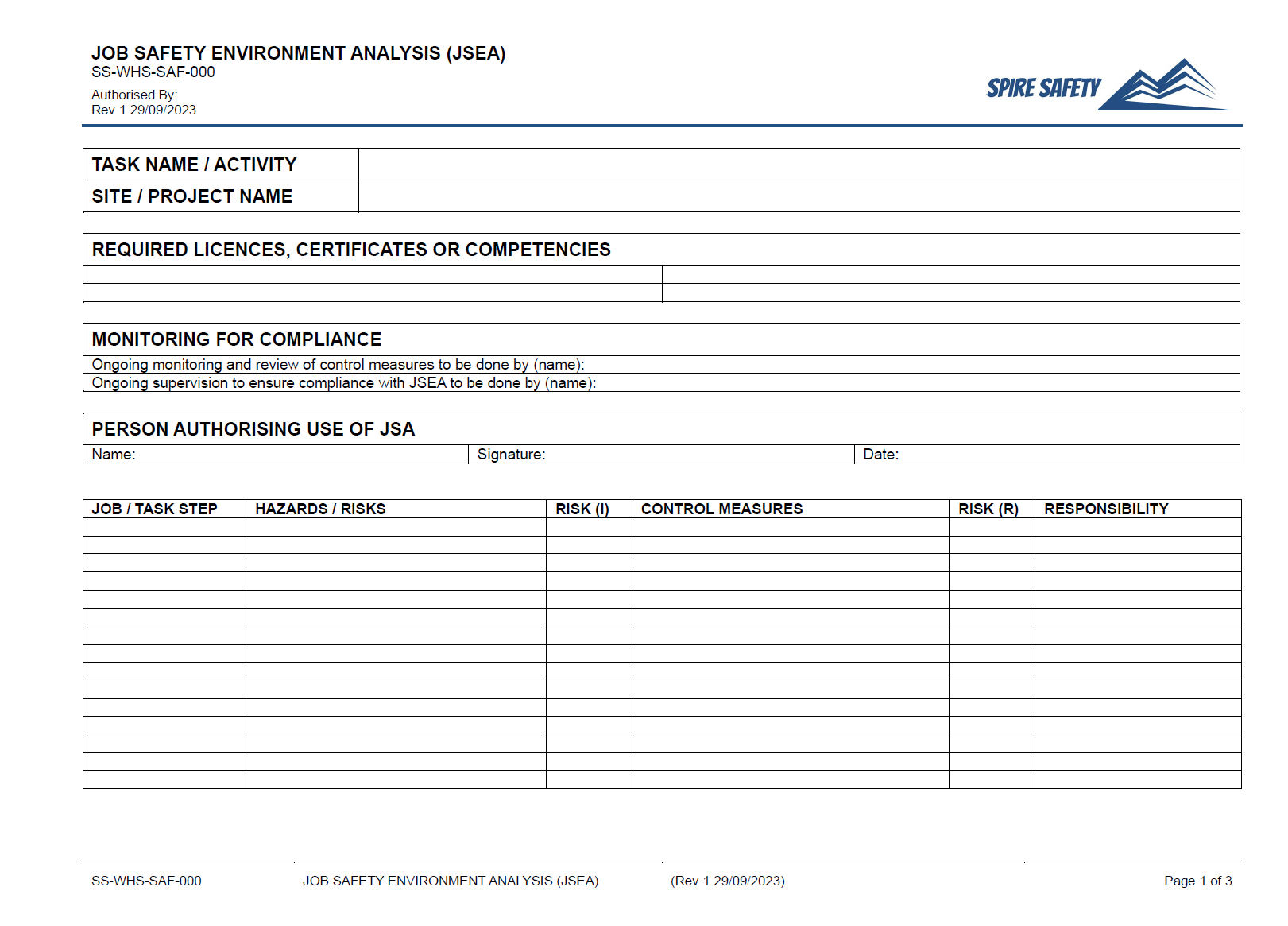 Job Safety Environment Analysis (JSEA) Template Example