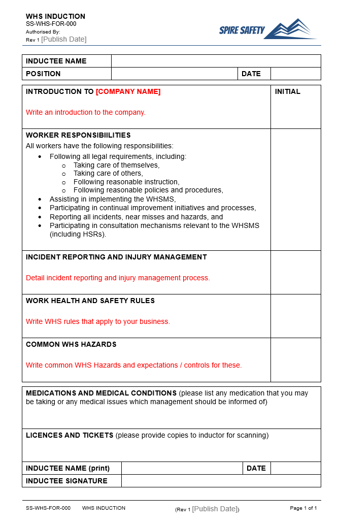 WHS Induction Template Example